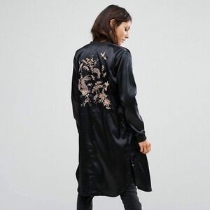 ASOS Pull&Bear Satin Embroidered Longline Kimono Jacket
